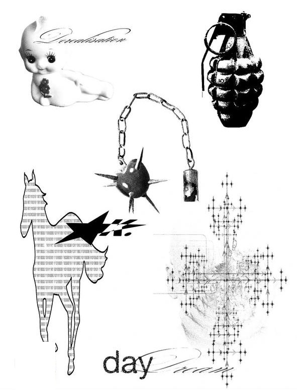 flash sheet: kewpie doll with 'derealisation' script, grenade, spiked mace on a chain, ascii-art horse and 'daydream' lettering