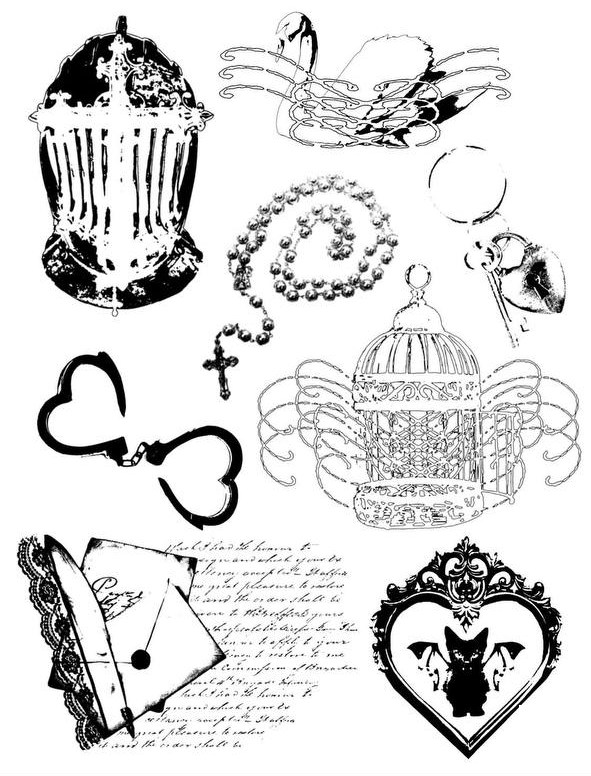 flash sheet: knight helmet, swan, rosary, handcuff hearts, birdcage with wings, lace letter and a cat in a heart frame