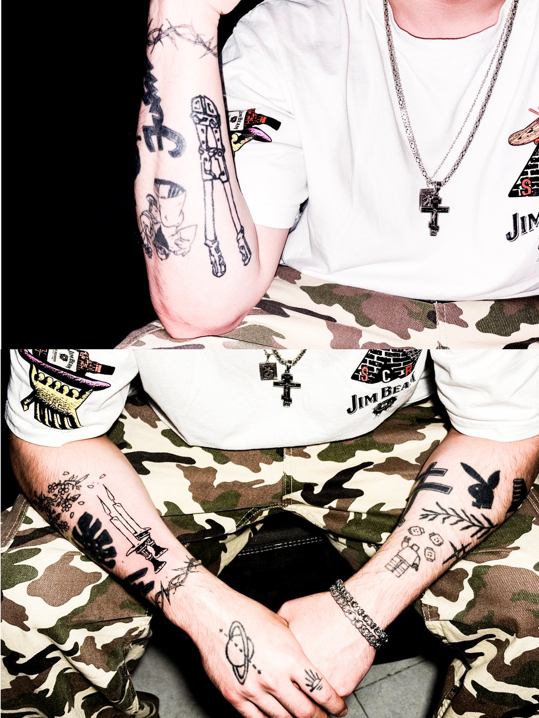healed arm tattoos, camo pants, two frames