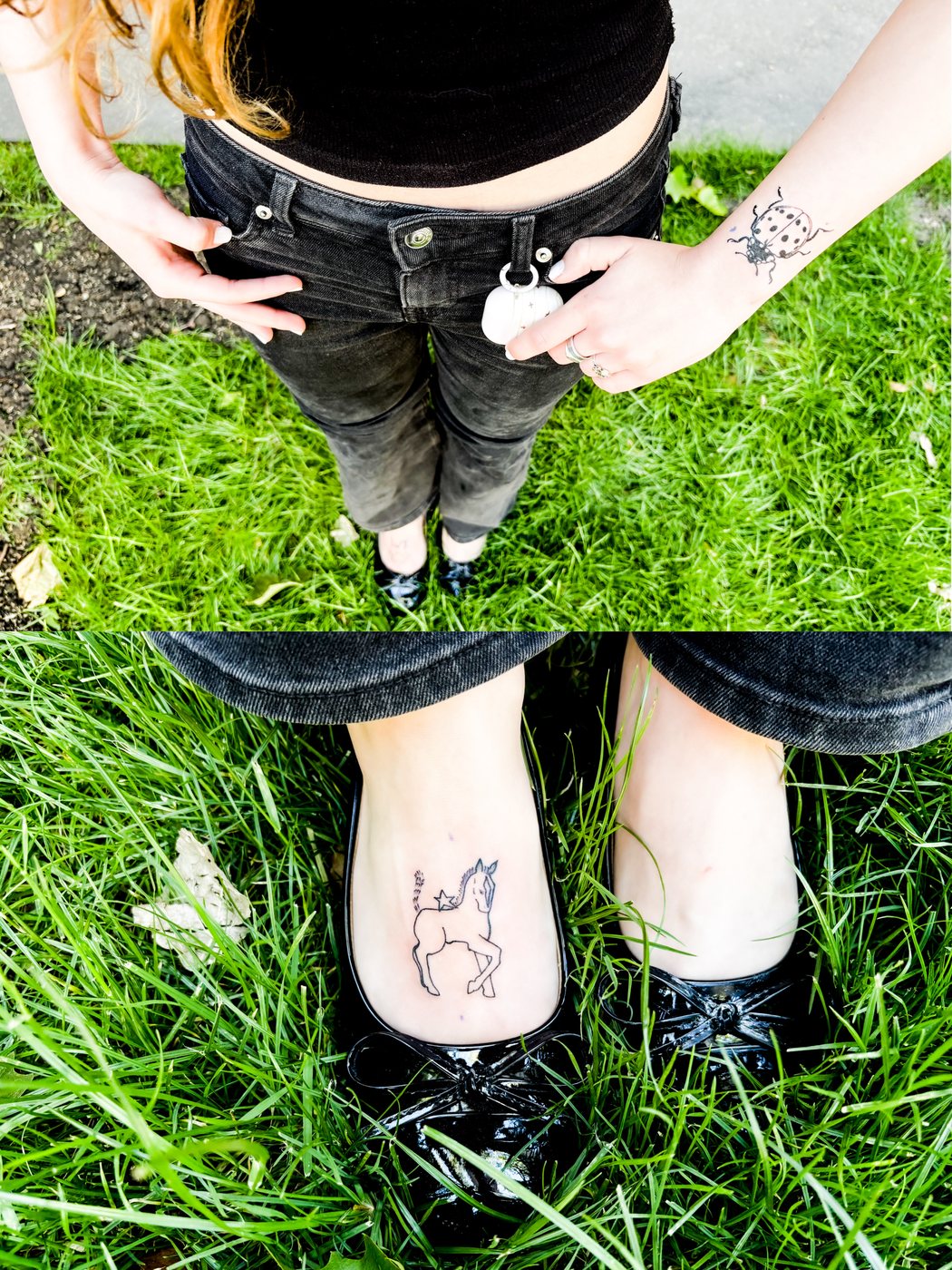 fine line hip tattoo and unicorn foot tattoo, two frames